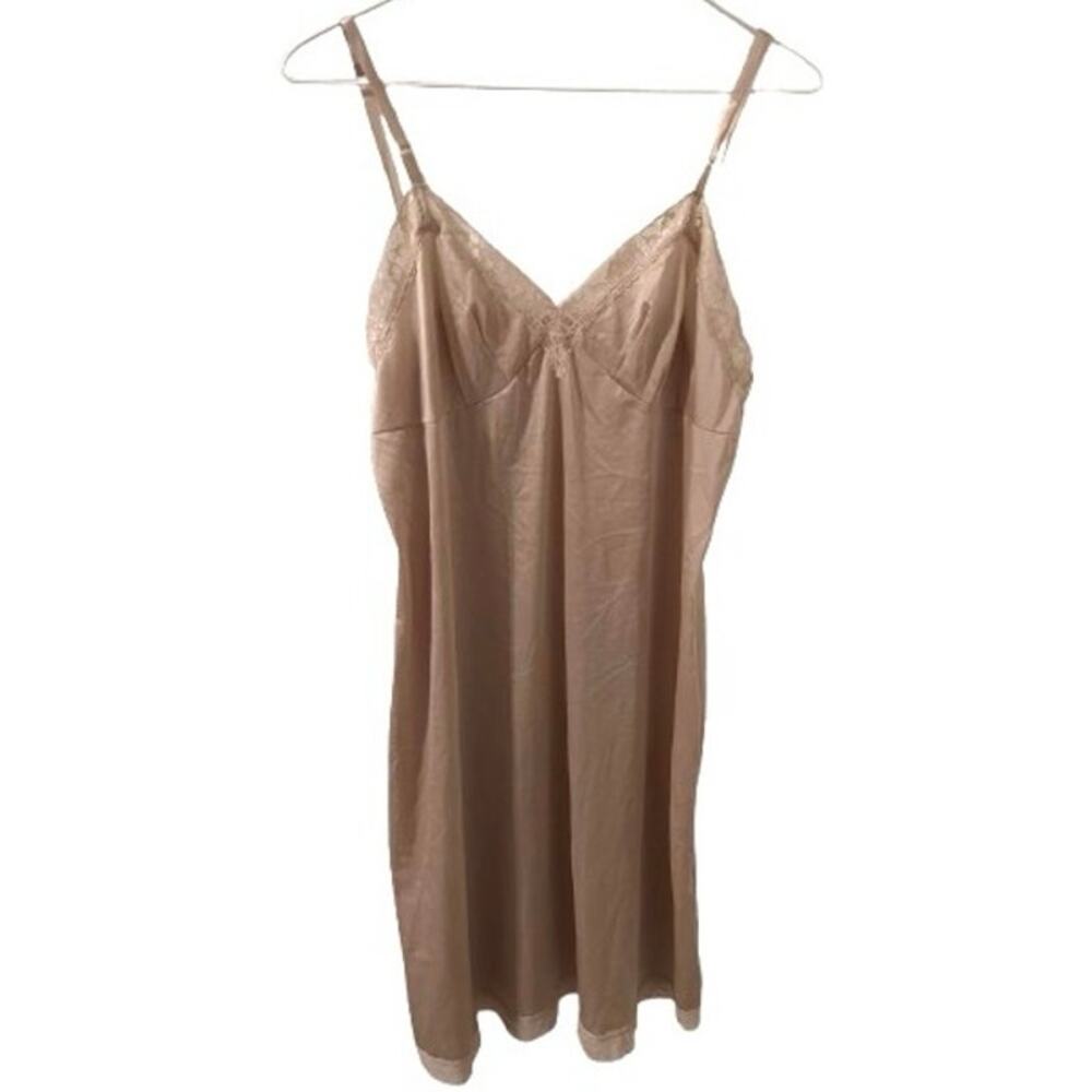 VINTAGE VANITY FAIR TAN NYLON LACE SLIP DRESS NIGHTGOWN LINGERIE SIZE 36
